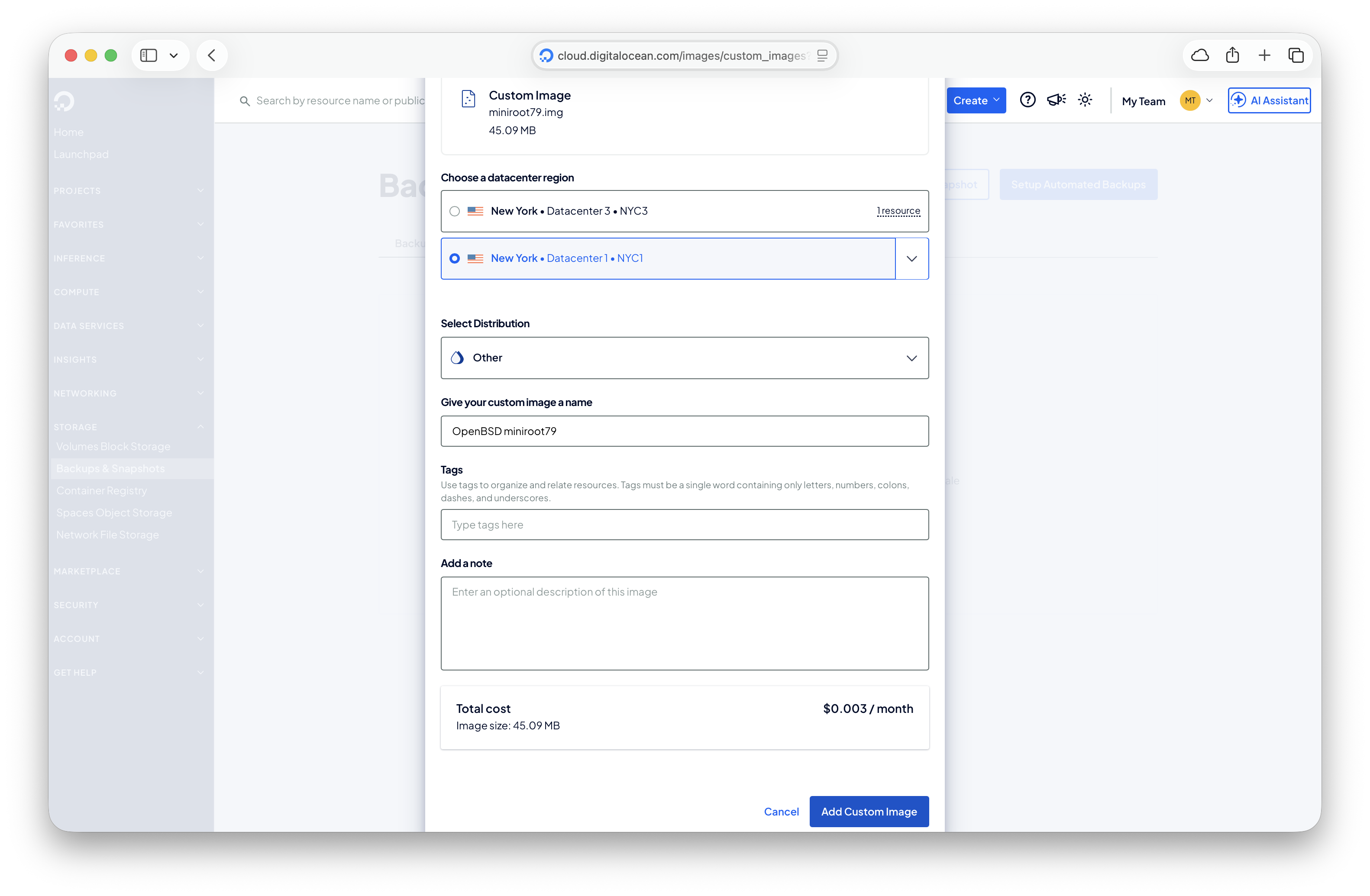 Upload custom image on DigitalOcean